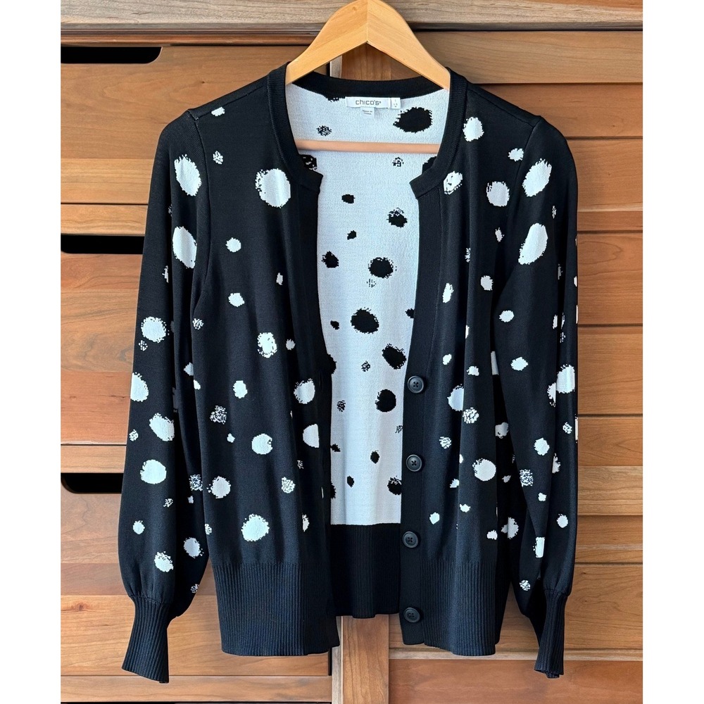 NWOT Chico's Size 1 (M) White On Black Polka Dot Cardigan Round Collar V Neck - Picture 2 of 5